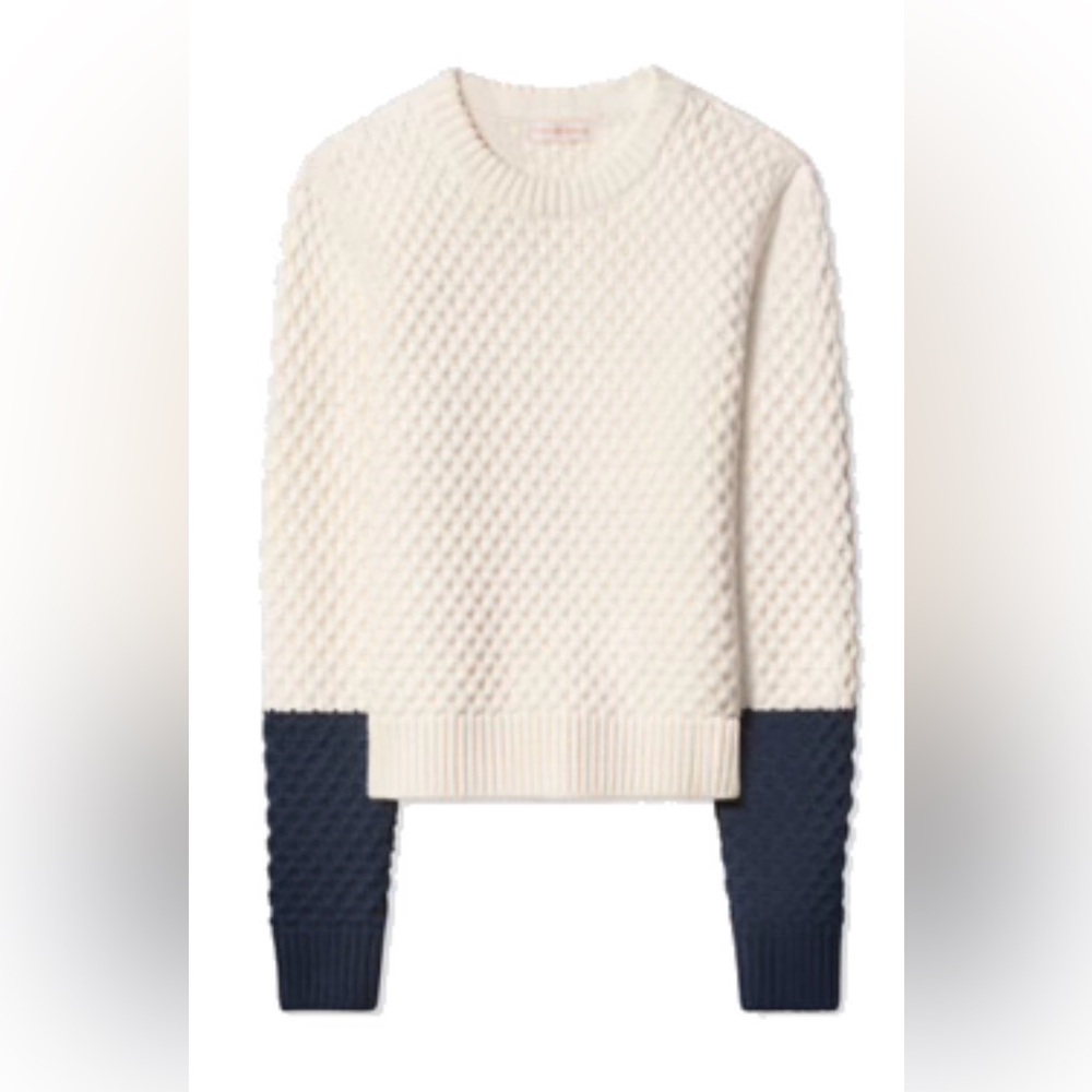 Tory Burch EUC Honeycomb Merino Sweater Ivory Navy M Textured